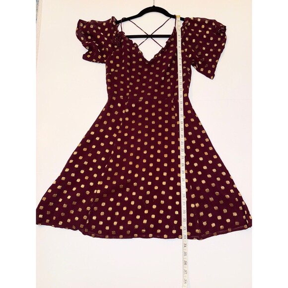 Topshop A Line Off the Shoulder Mini Dress Burgundy w Gold Metallic Polka Dots 4 - Picture 11 of 15